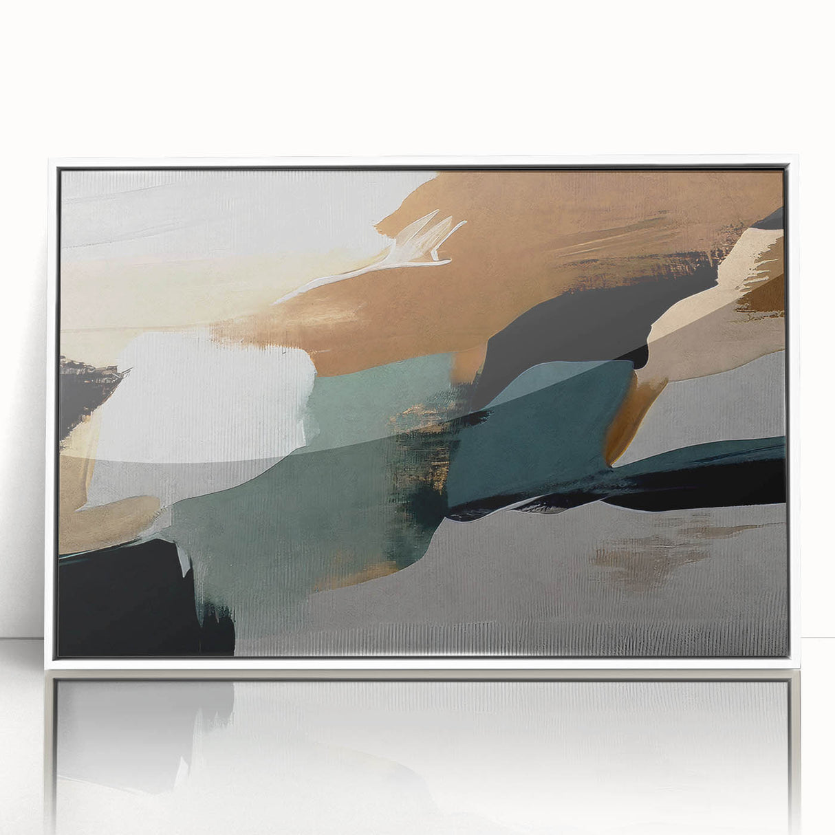 Framed wall art showcasing an abstract design with colorful strokes and lines, presented in a sleek white frame, adding a modern touch to any decor.