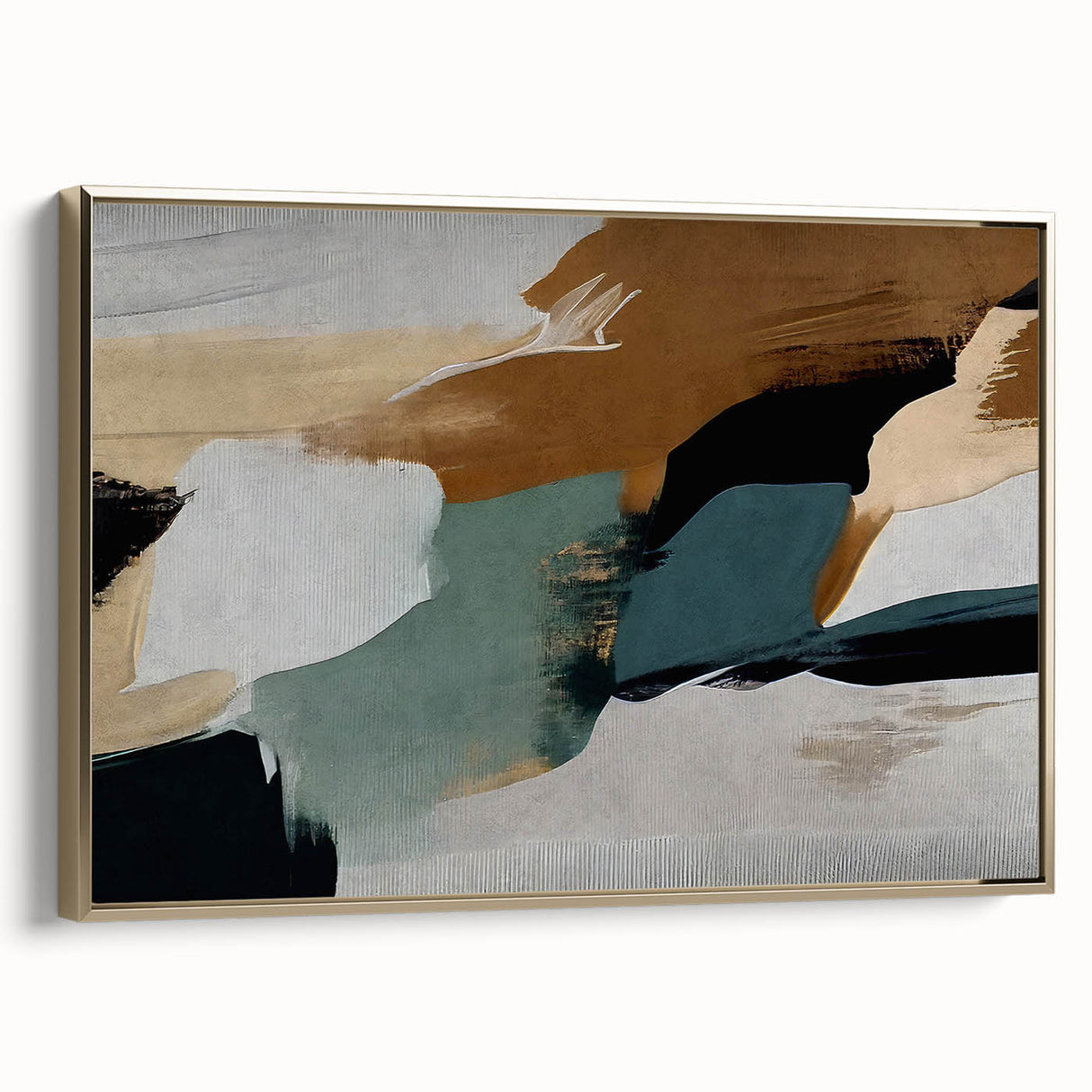 Abstract wall art featuring dynamic strokes and lines in gold tones, elegantly framed and showcased from a side view, perfect for modern home decor.
