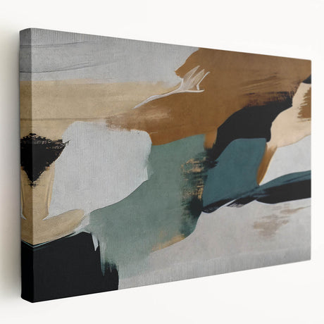Abstract wall art featuring vibrant strokes and lines in shades of blue, orange, and yellow, displayed in a side view on stretched canvas, ideal for modern decor.