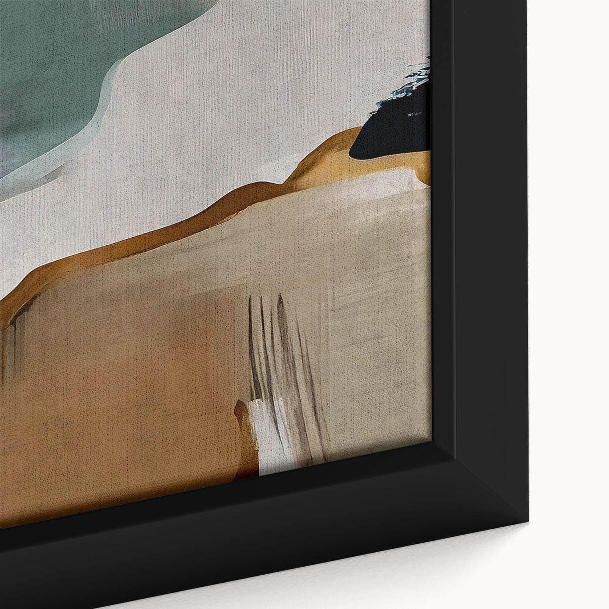 Framed canvas close-up showcasing an abstract design with vibrant strokes and lines in shades of blue, black, and gold, perfect for modern wall decor.