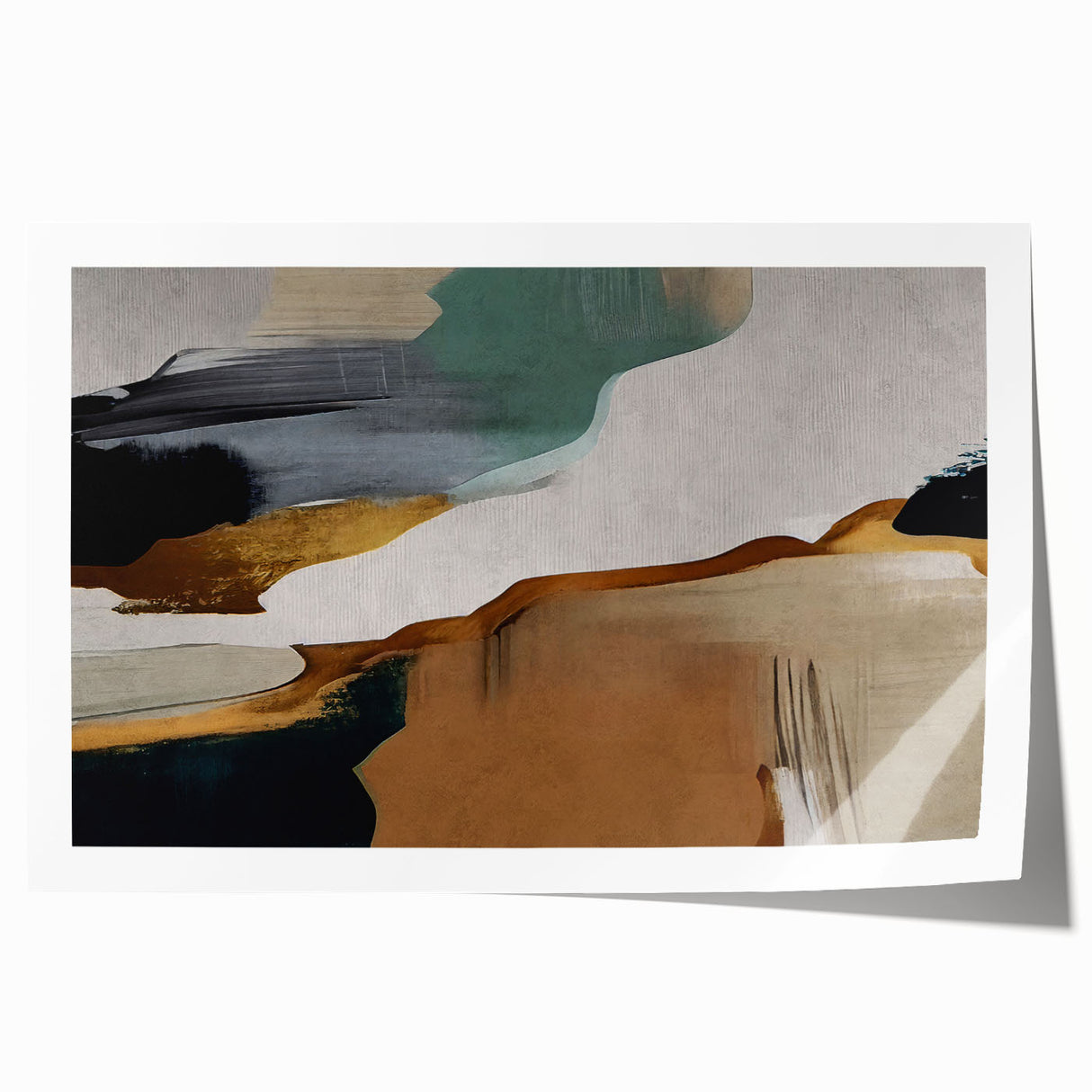 Abstract wall art print showcasing vibrant strokes and lines in shades of blue, orange, and gold, ideal for modern home decor, rolled for easy framing.