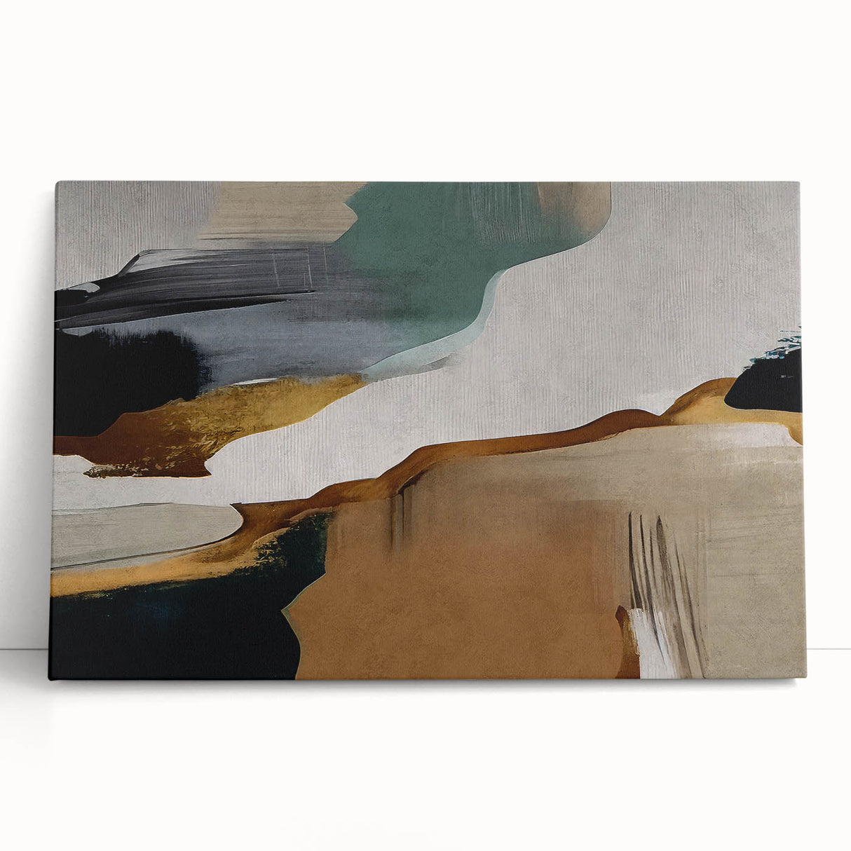 Abstract strokes and lines in vibrant colors create a modern wall art piece on stretched canvas, leaning against a neutral-toned wall, ideal for contemporary decor.