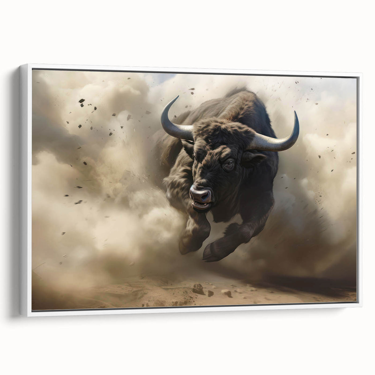 Framed canvas wall art featuring a side view of a majestic buffalo, showcasing intricate bison design details and a white border, perfect for wildlife decor enthusiasts.