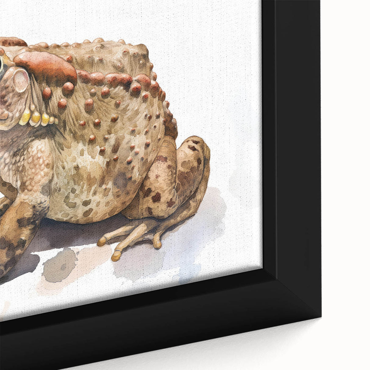 Close-up of a framed canvas showcasing a vibrant frog design, perfect for animal-themed decor, highlighting intricate details and vivid colors in a nature-inspired setting.