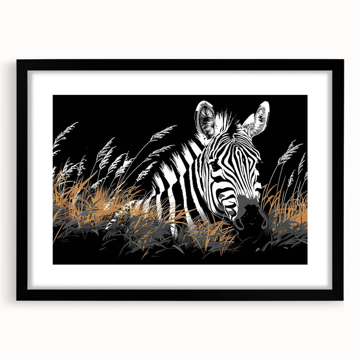Black-framed wall art featuring a striking zebra design from the "Animals: A Wild Life" collection. Ideal for adding a touch of nature-inspired decor to modern interiors.