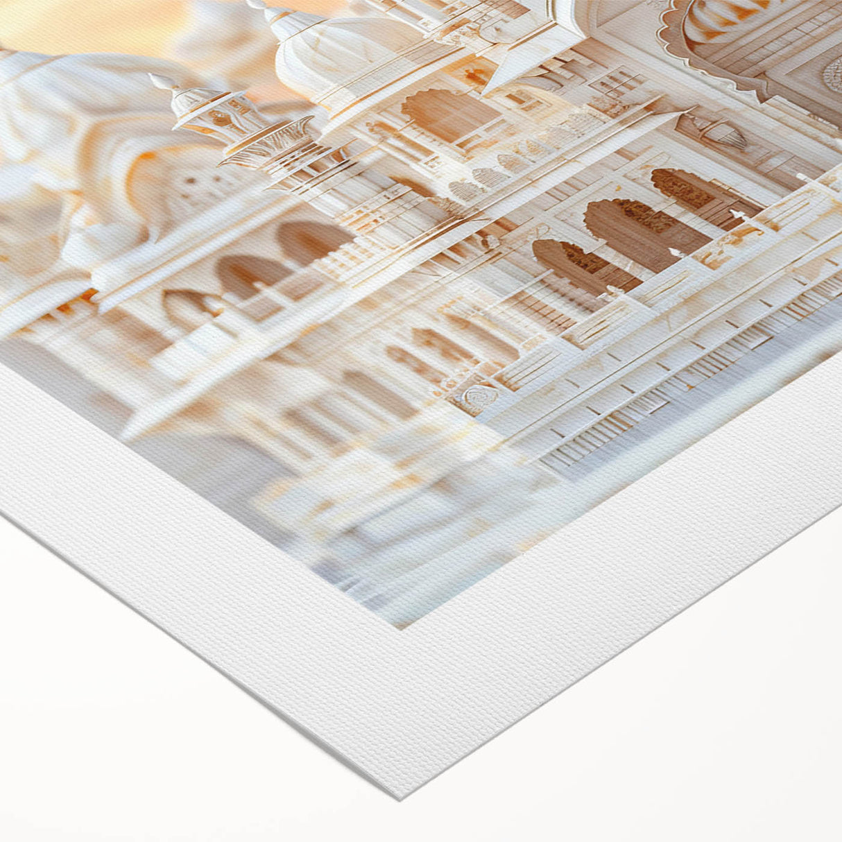 Art Deco poster featuring symmetrical domes in muted gold and beige on rolled canvas, suited for dining room decor.