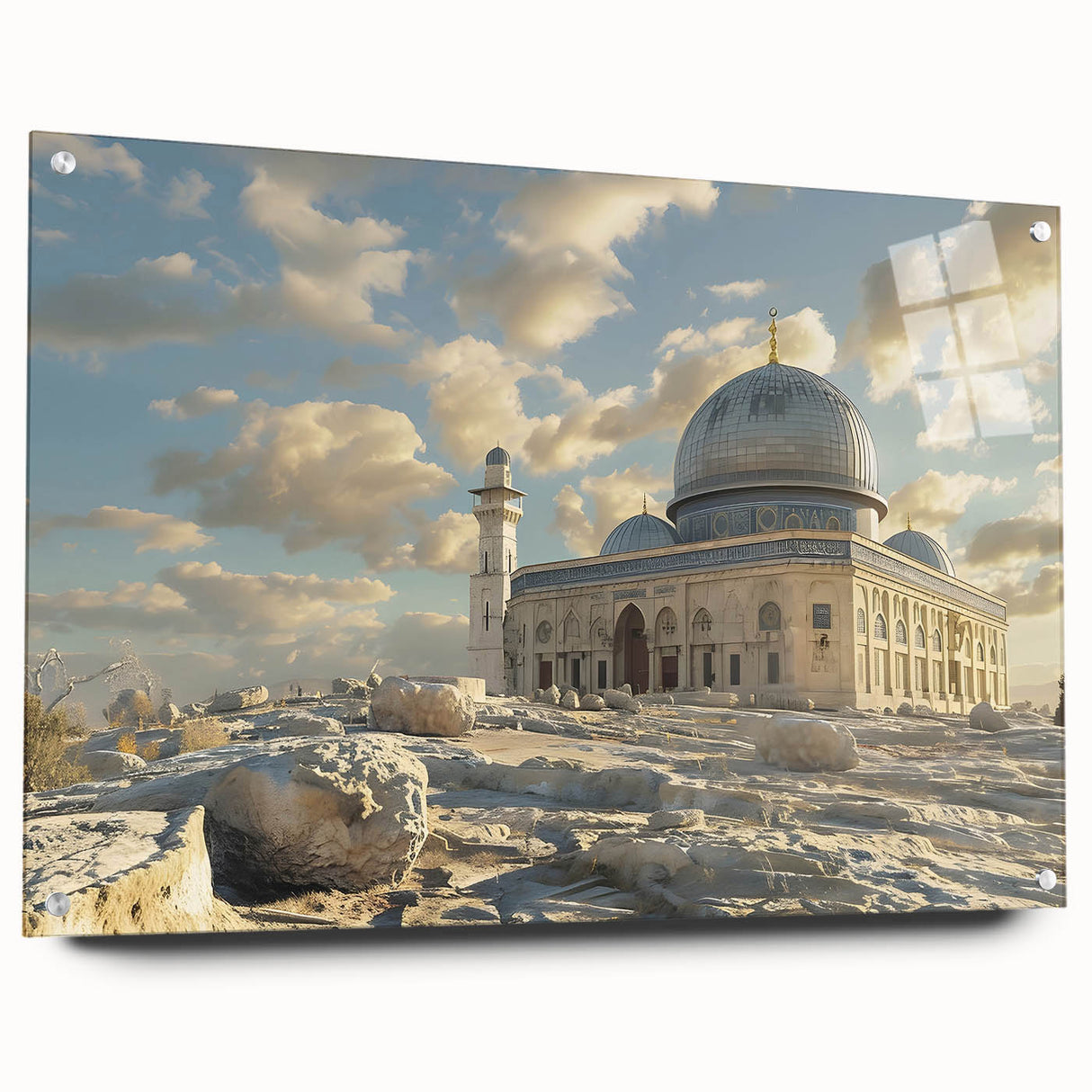 Acrylic print of large abstract wall art featuring architectural domes in muted earth tones.