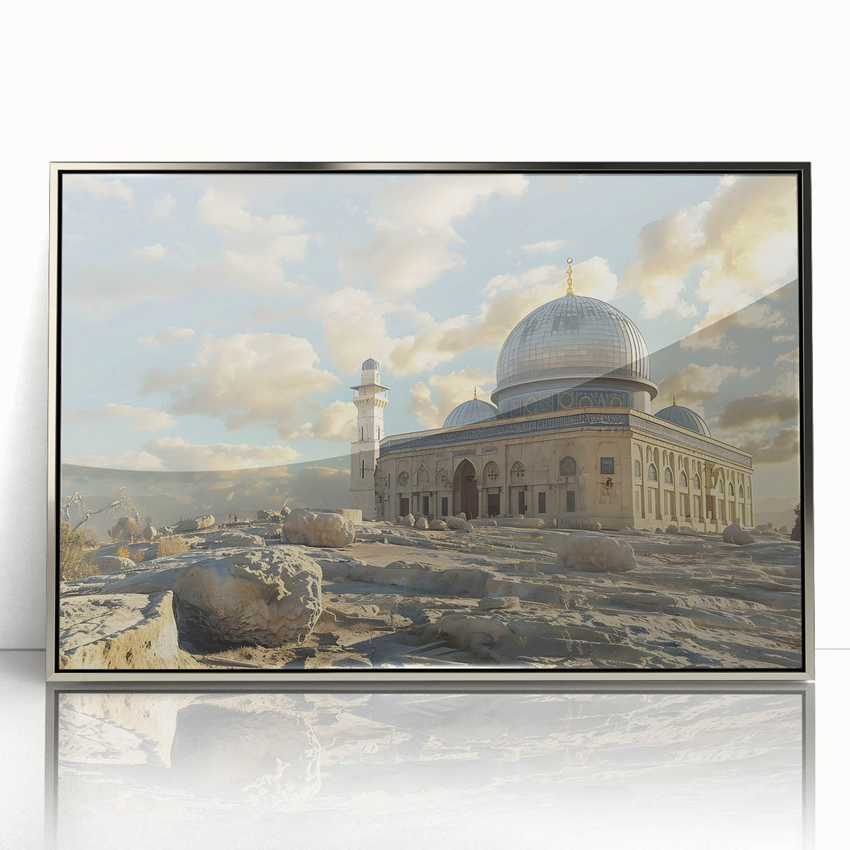 Mid-century modernist art featuring silver domes in an acrylic frame, ideal for nursery wall art.
