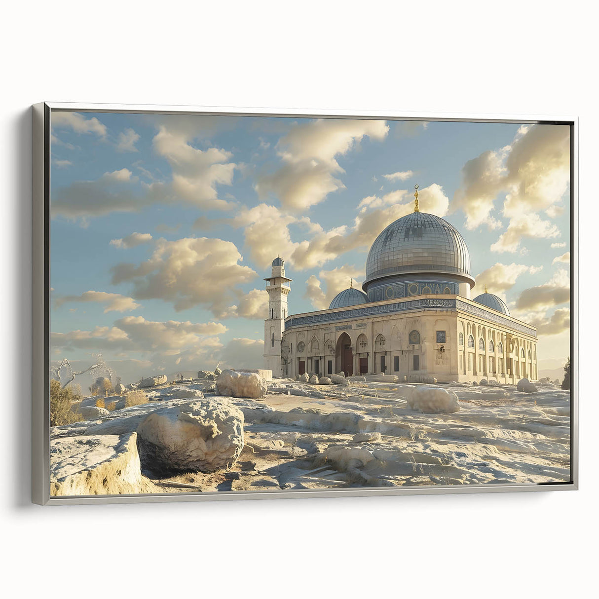 Framed canvas of vintage landscape art painting featuring colorful domes and structures.