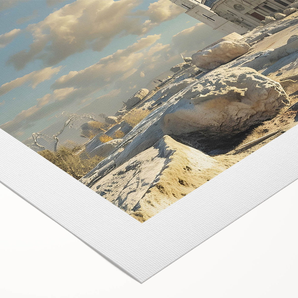 Art deco poster featuring symmetrical dome structures in muted gold and navy, printed on rolled canvas.