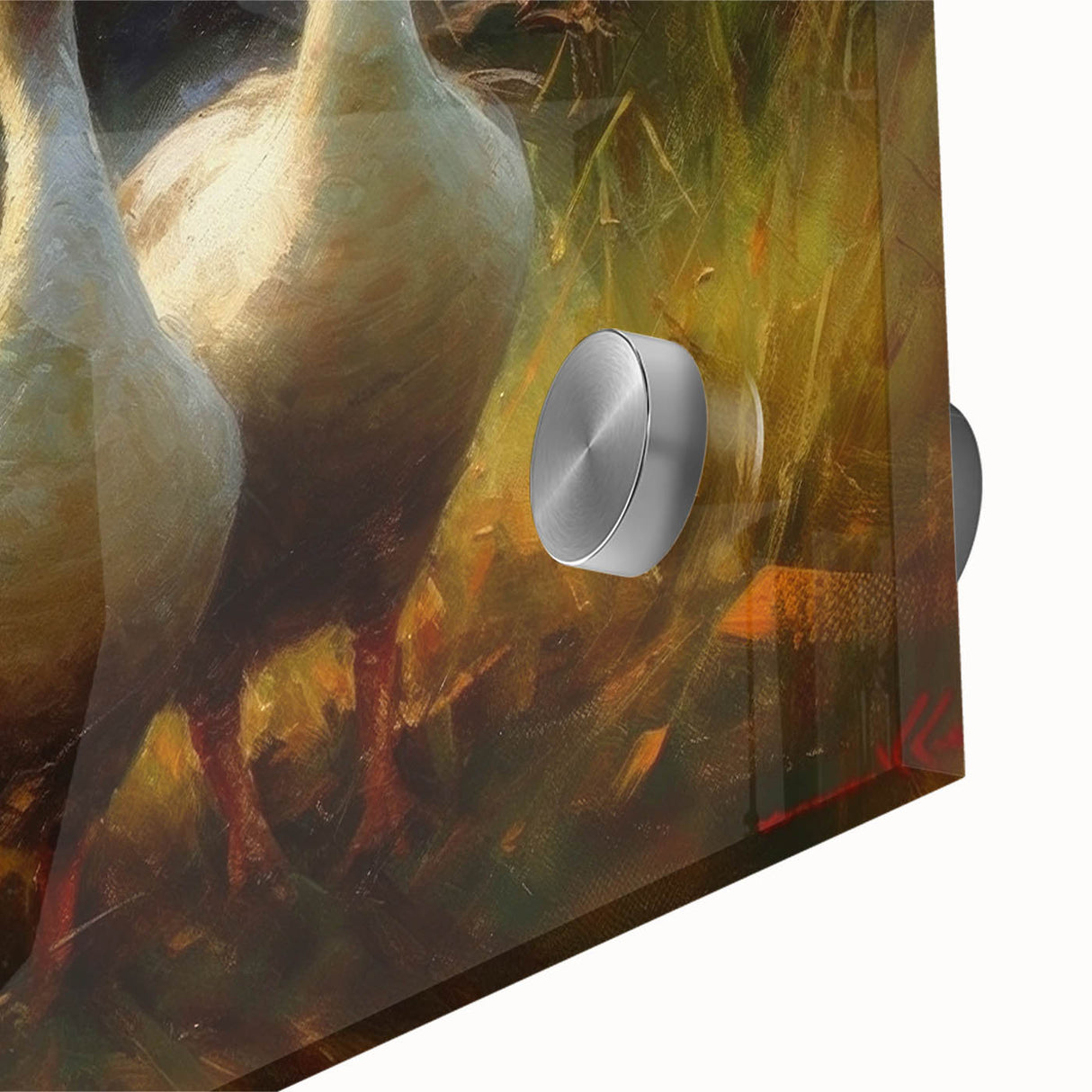 Close-up of a vibrant acrylic glass wall art piece showcasing a duck design, perfect for adding a touch of nature-inspired decor to any interior space.