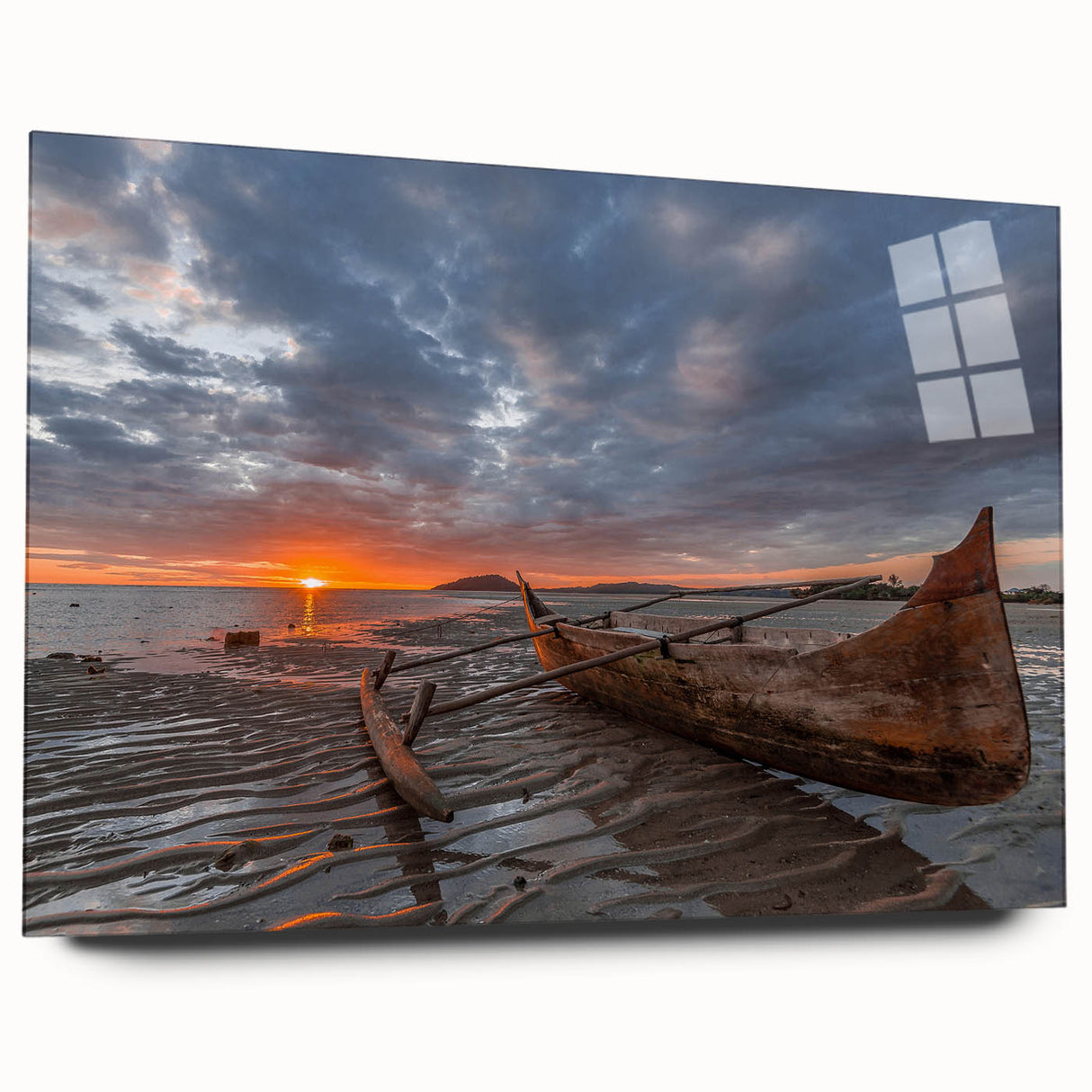 Large abstract wall art depicting a Madagascar landscape in muted earth tones on acrylic glass.