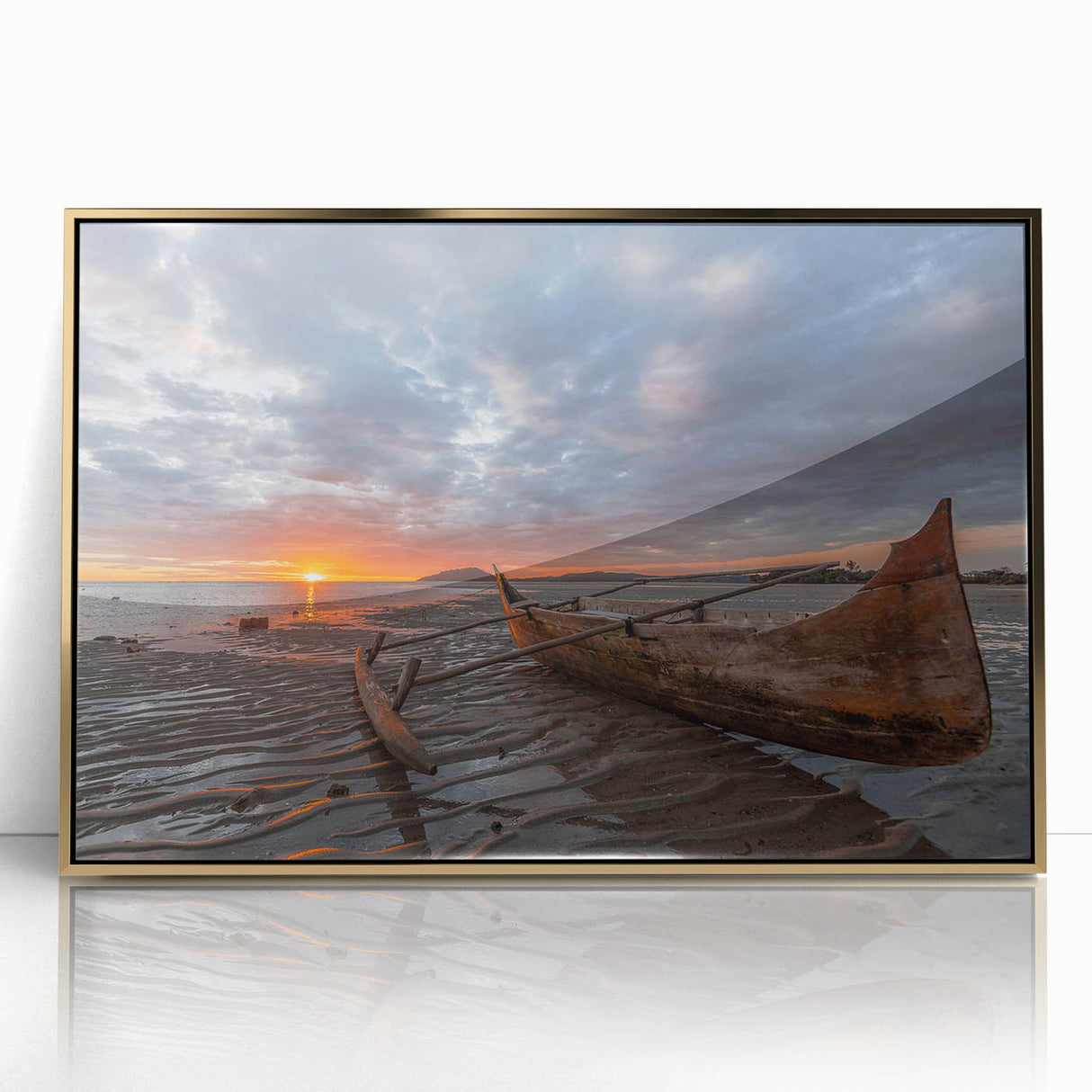 Mid-century modernist art depicting the Madagascar landscape in muted earth tones, acrylic print in gold frame.