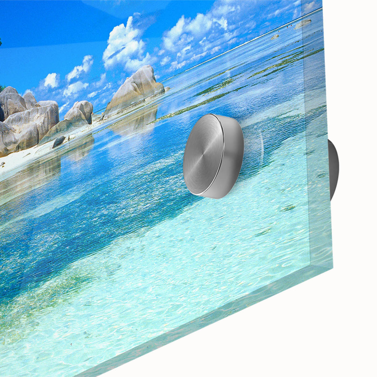 Large abstract depiction of Seychelles scenery in vibrant blues and greens on acrylic glass.