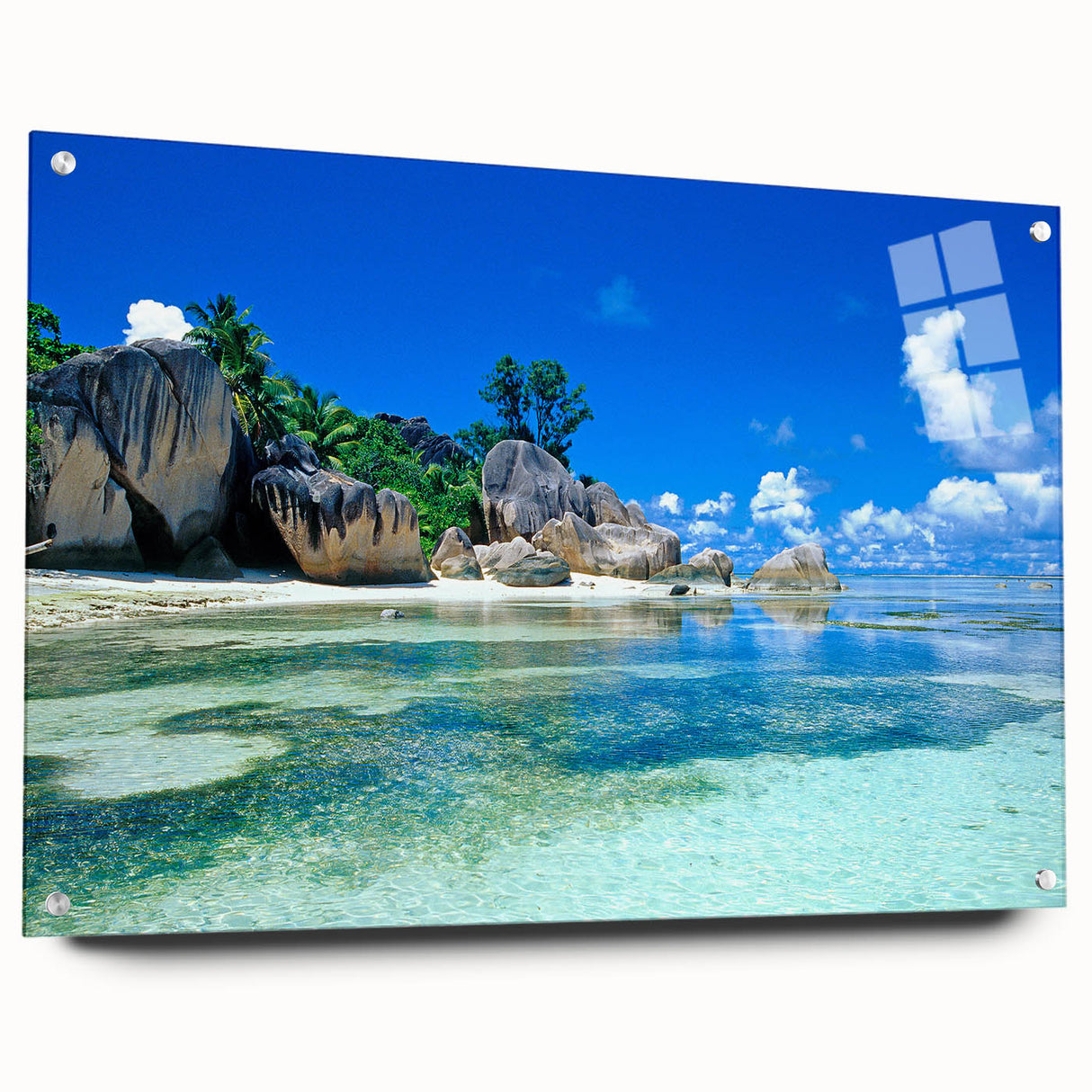 Acrylic print of a Seychelles landscape, with vibrant blue and green tones, ideal for dining room decor.