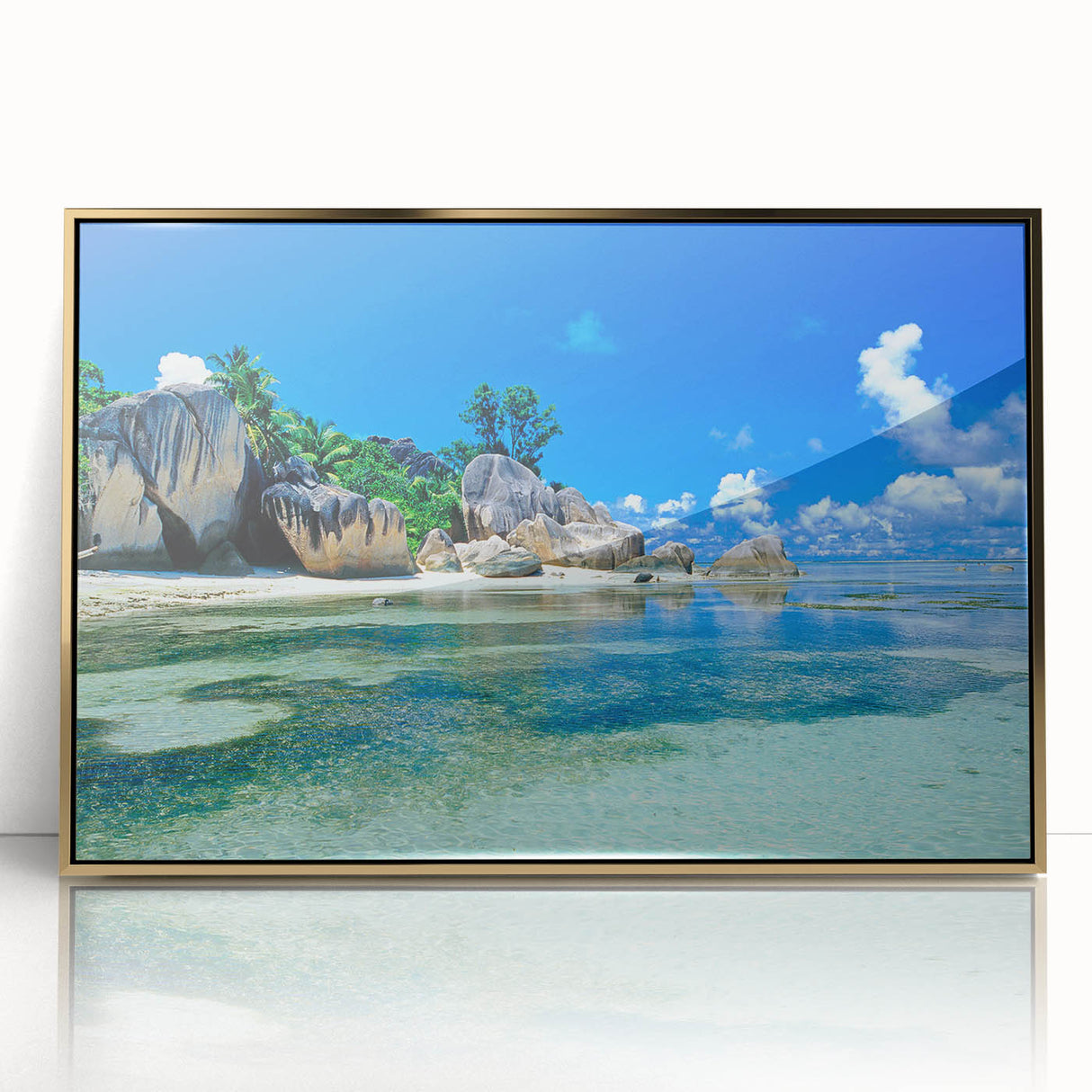 Framed acrylic print of a Seychelles scenery with vibrant blue and green tones, ideal for modern art wall decor.