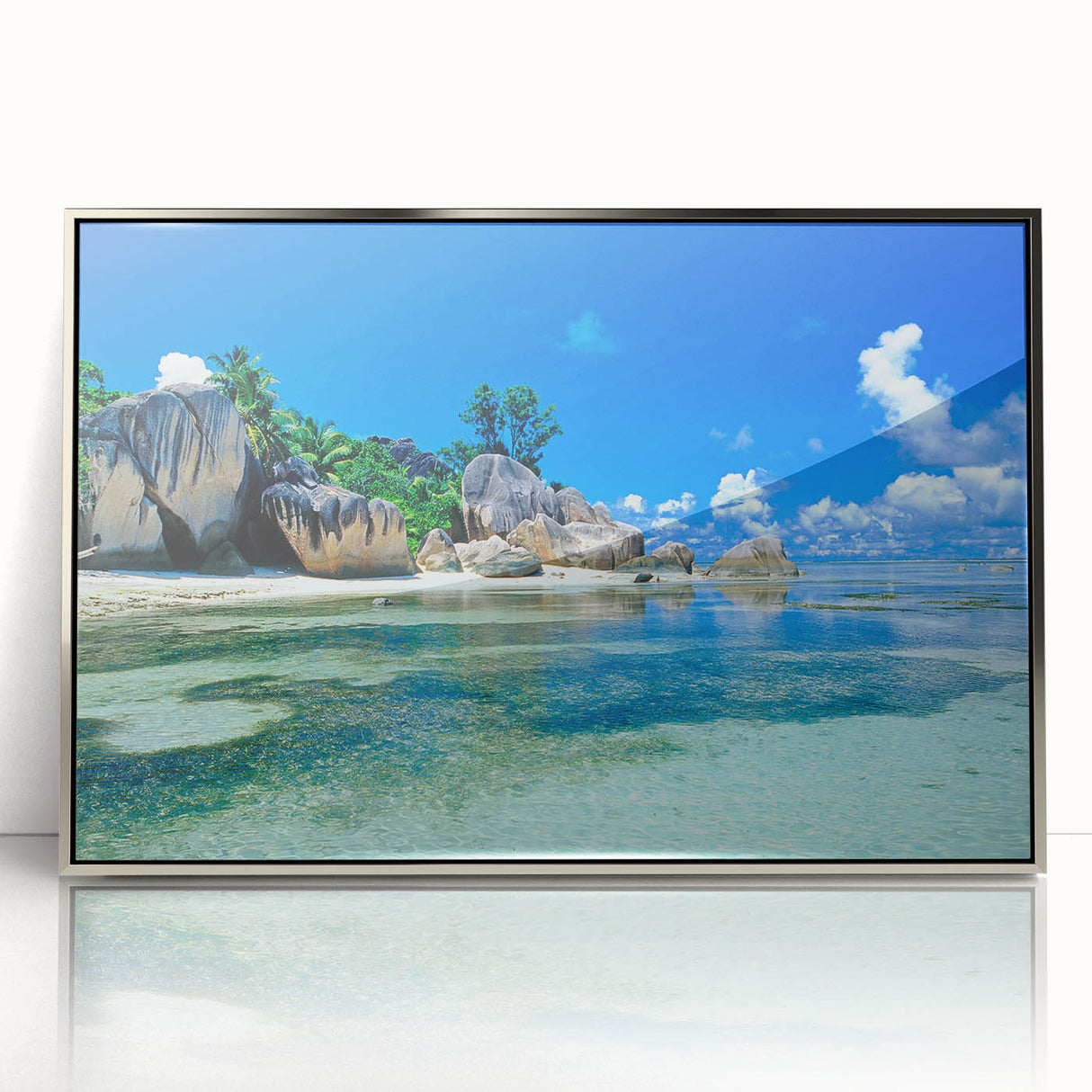 Framed acrylic print of Seychelles scenery in muted blue and green tones, ideal for modern art wall decor.