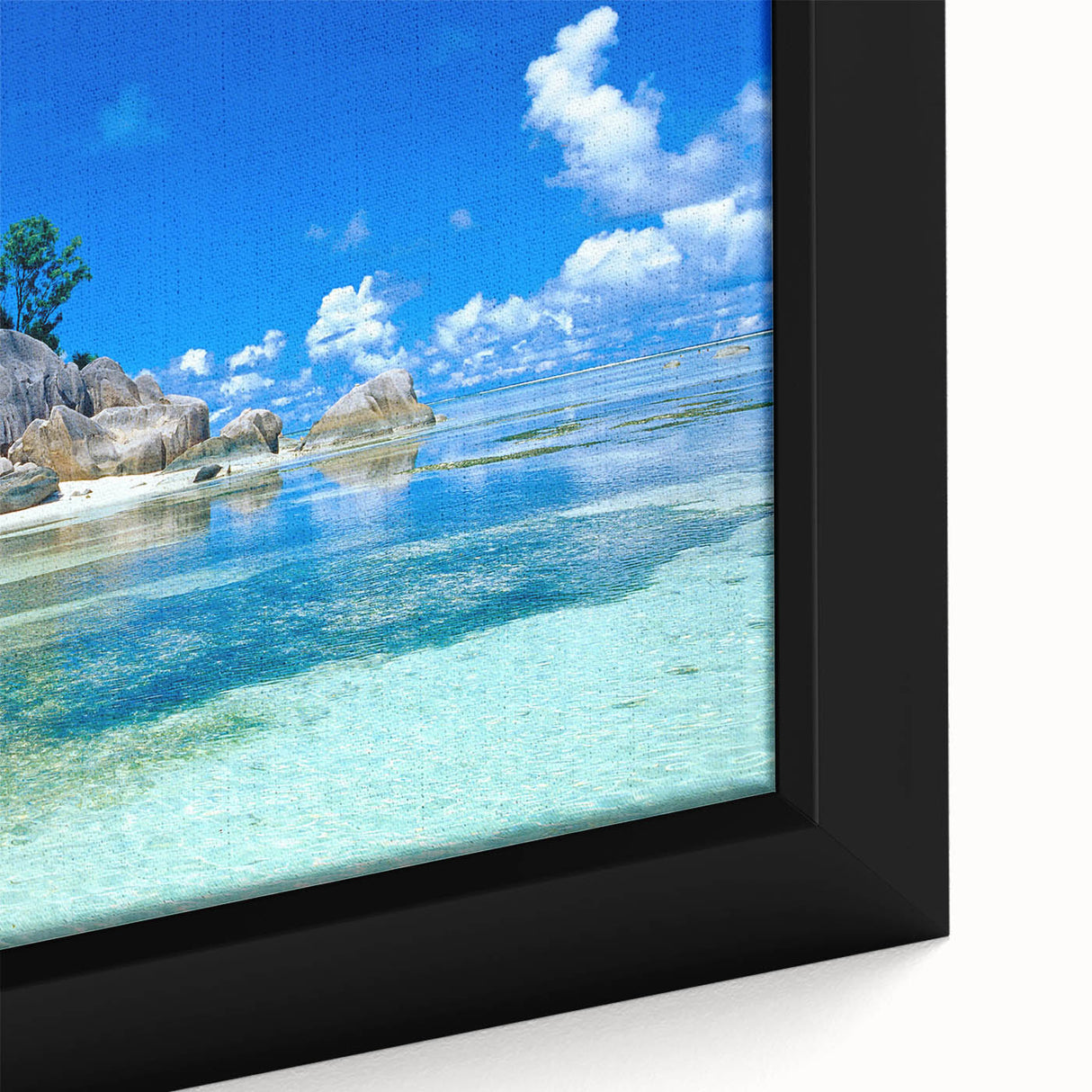 Extra large framed canvas featuring a textured depiction of the Seychelles with vibrant, colorful art.