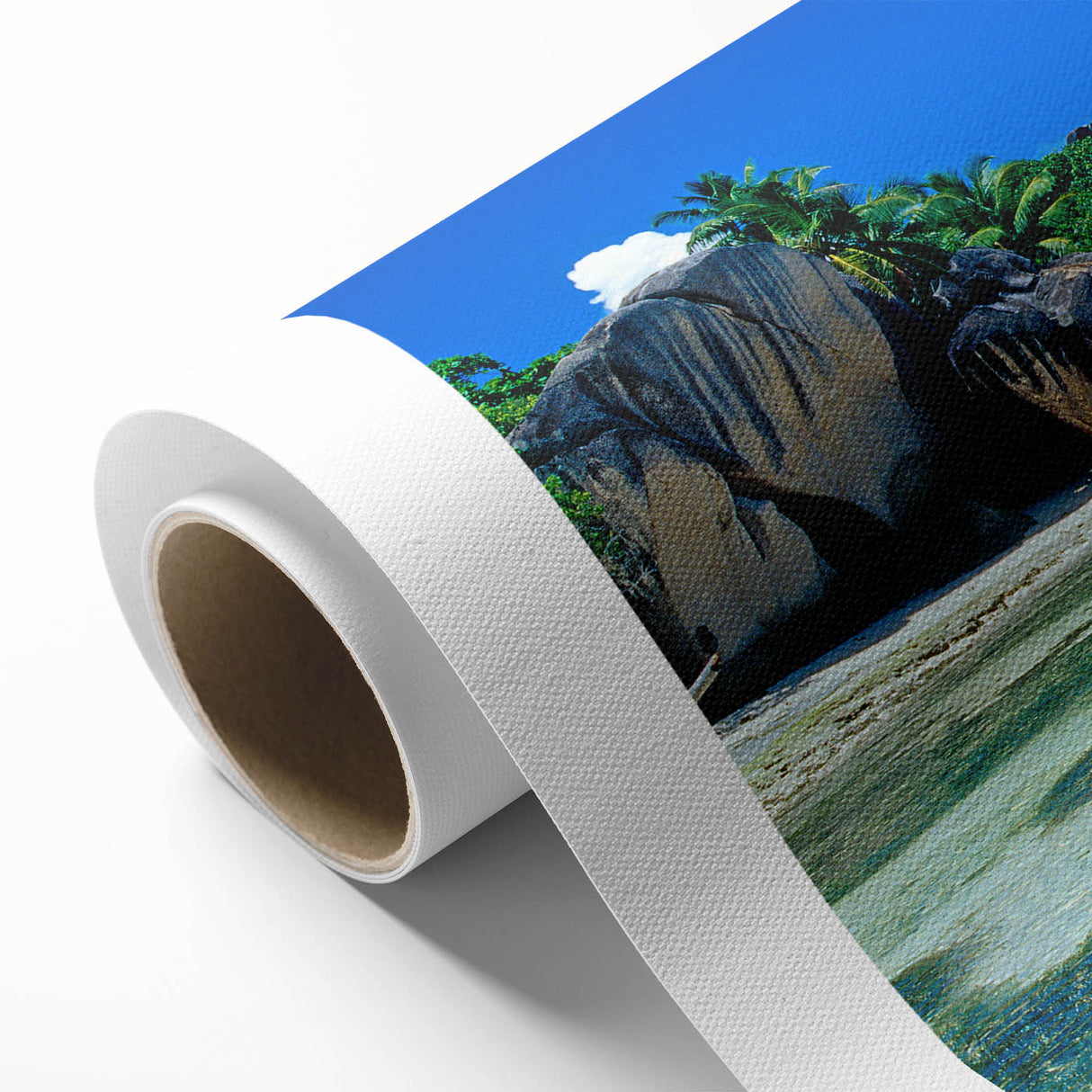 Art Deco style poster of Seychelles scenery on rolled canvas, with vibrant beach and ocean colors.