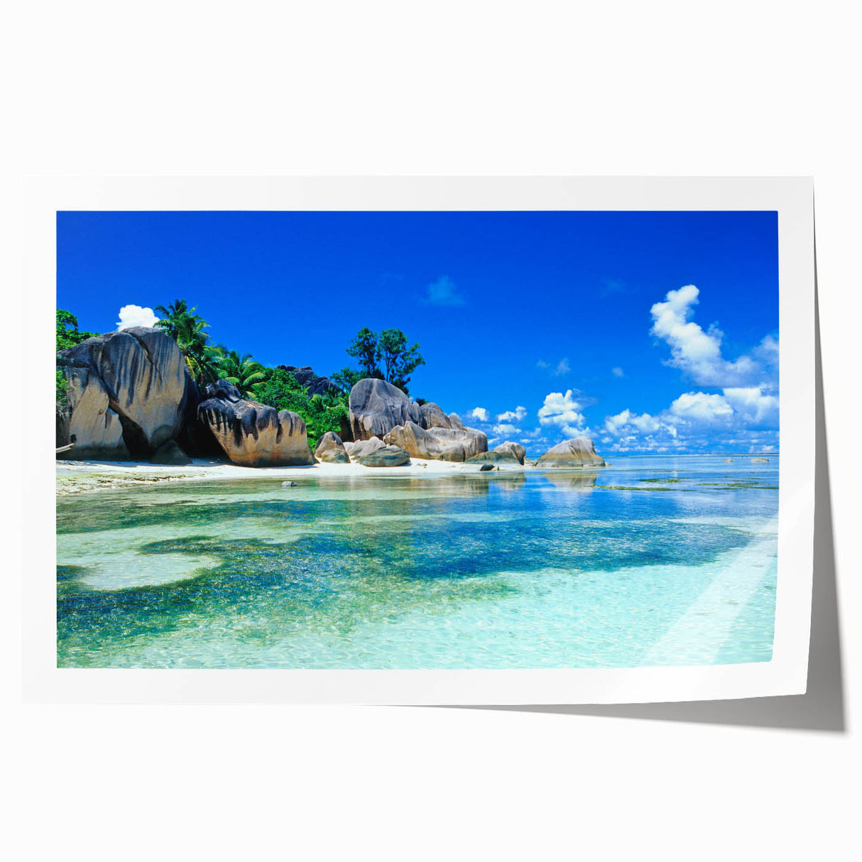 Extra large rolled print of Seychelles scenery with lush florals and ocean views, ideal for art wall dining room.