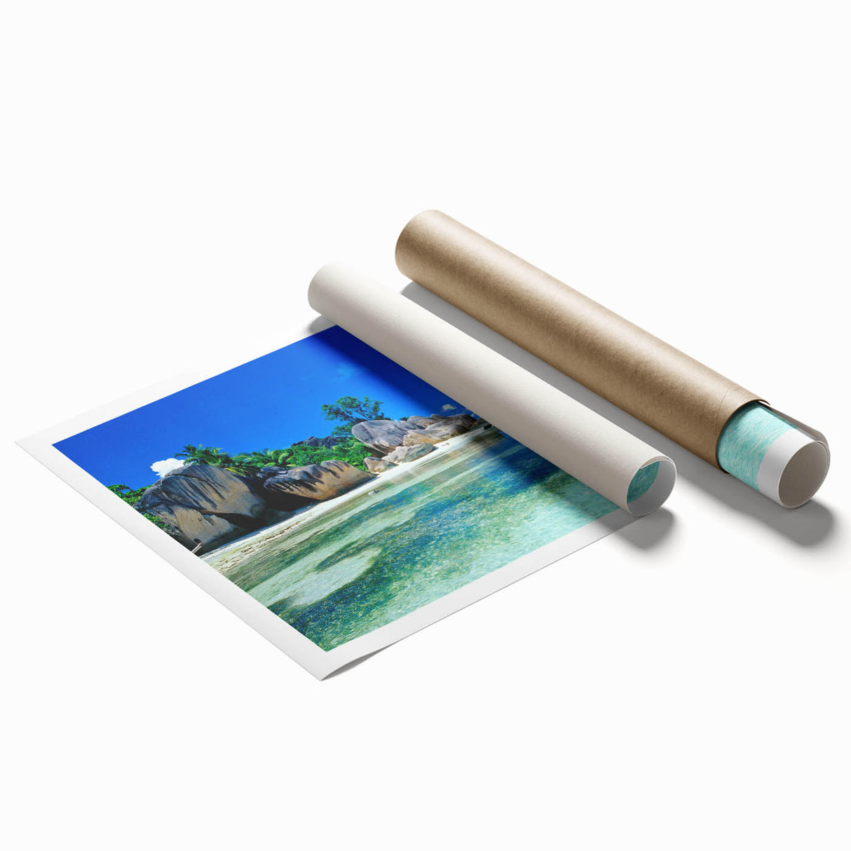Extra large wall art featuring a serene Seychelles beach scenery with vibrant blue and green tones on a rolled print.