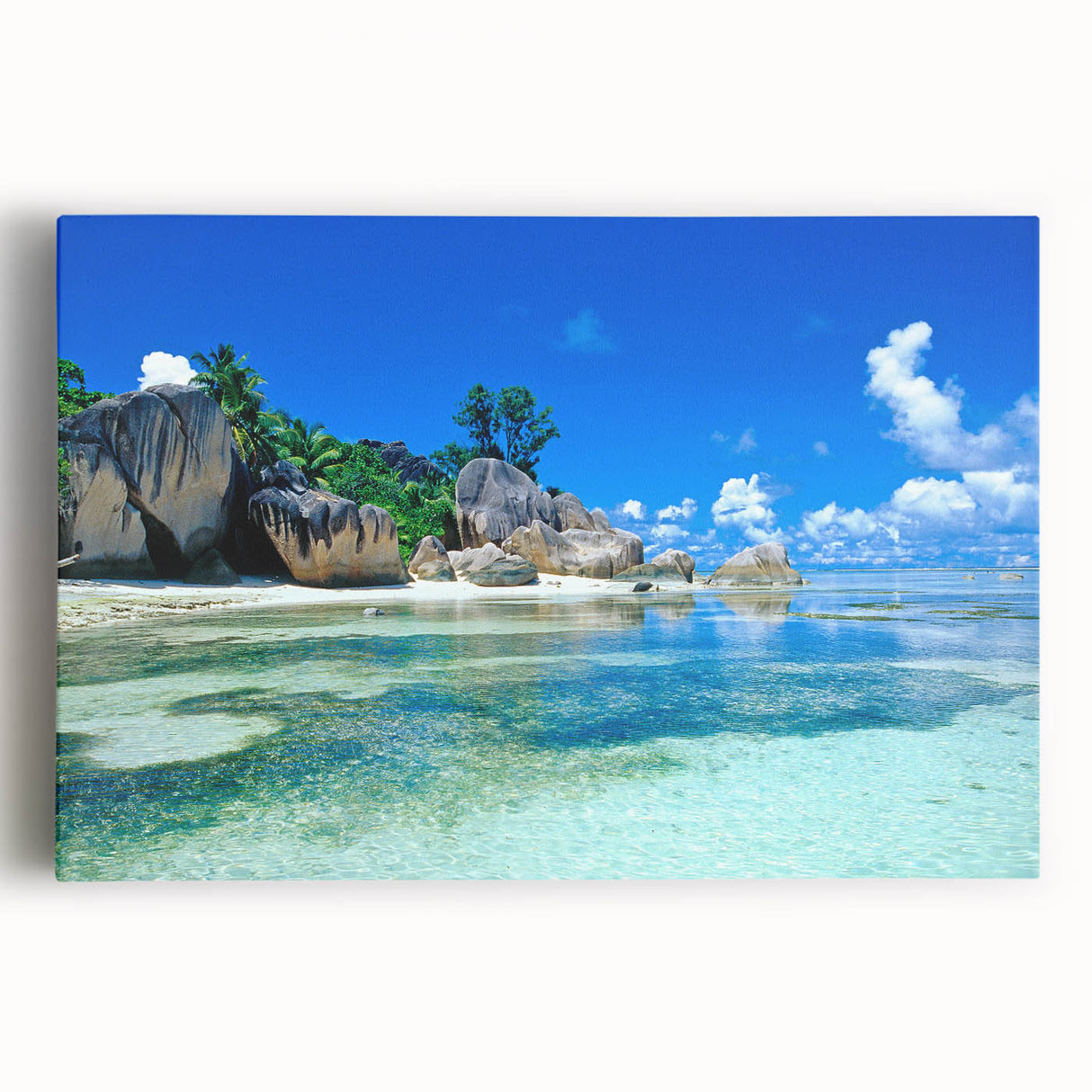 Black and white photograph of Seychelles scenery on stretched canvas, ideal for kitchen wall art or bedroom ambiance.
