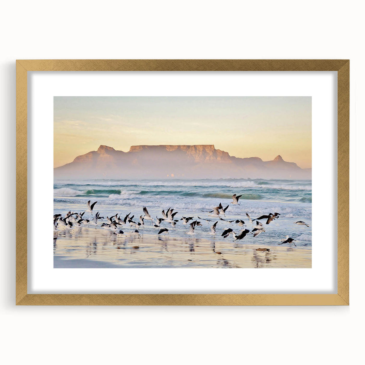 Extra large abstract art print of a South African landscape in gold frame, with textured earth tones.