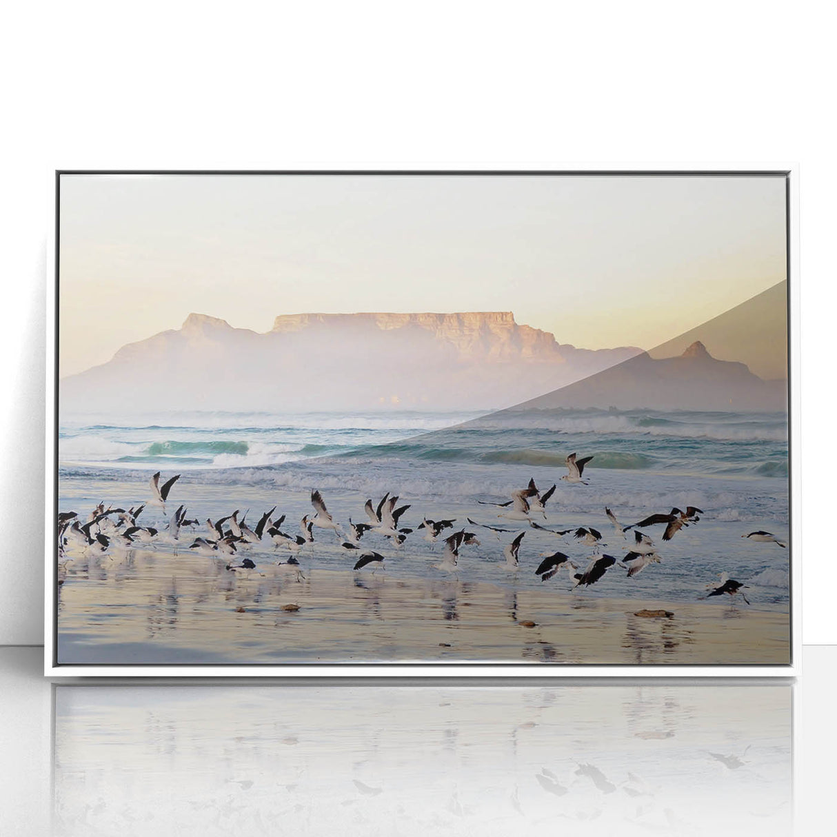 Acrylic print of a South African landscape in muted earth tones, framed in white, ideal for modern nursery wall art.