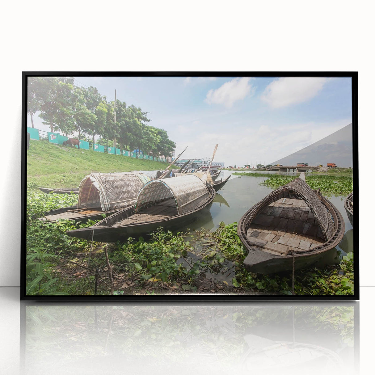 Large abstract wall art featuring a Bangladesh scenery in muted earth tones, framed in black acrylic.