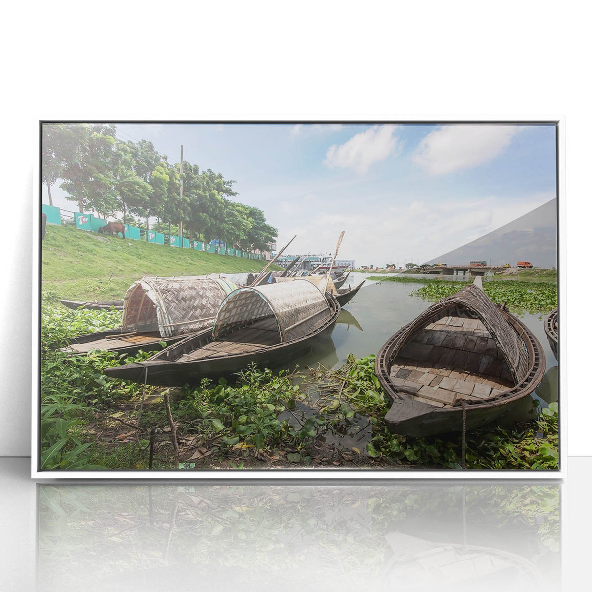 Framed acrylic print of a serene Bangladesh river scene in soft pastel shades, ideal for modern nursery wall art.