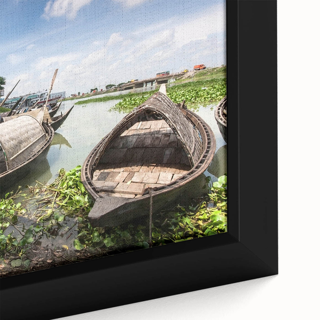 Framed canvas featuring a textured, colorful depiction of a Bangladesh rural scene on black background.