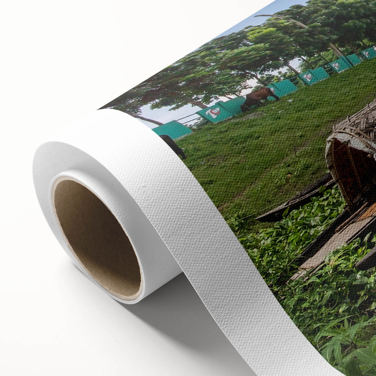 Art deco poster of a serene Bangladesh landscape in soft green and blue tones on rolled canvas, ideal for nursery wall art.