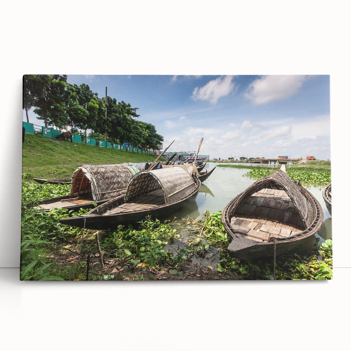 Black and white stretched canvas of a scenic Bangladesh landscape, ideal for kitchen wall art or bedroom ambiance.