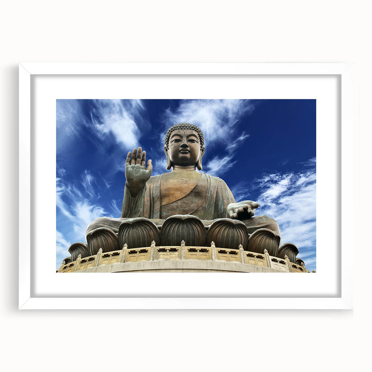 Abstract art print of Hong Kong skyline in muted gray and blue tones on a framed white mat, ideal for dining room art.