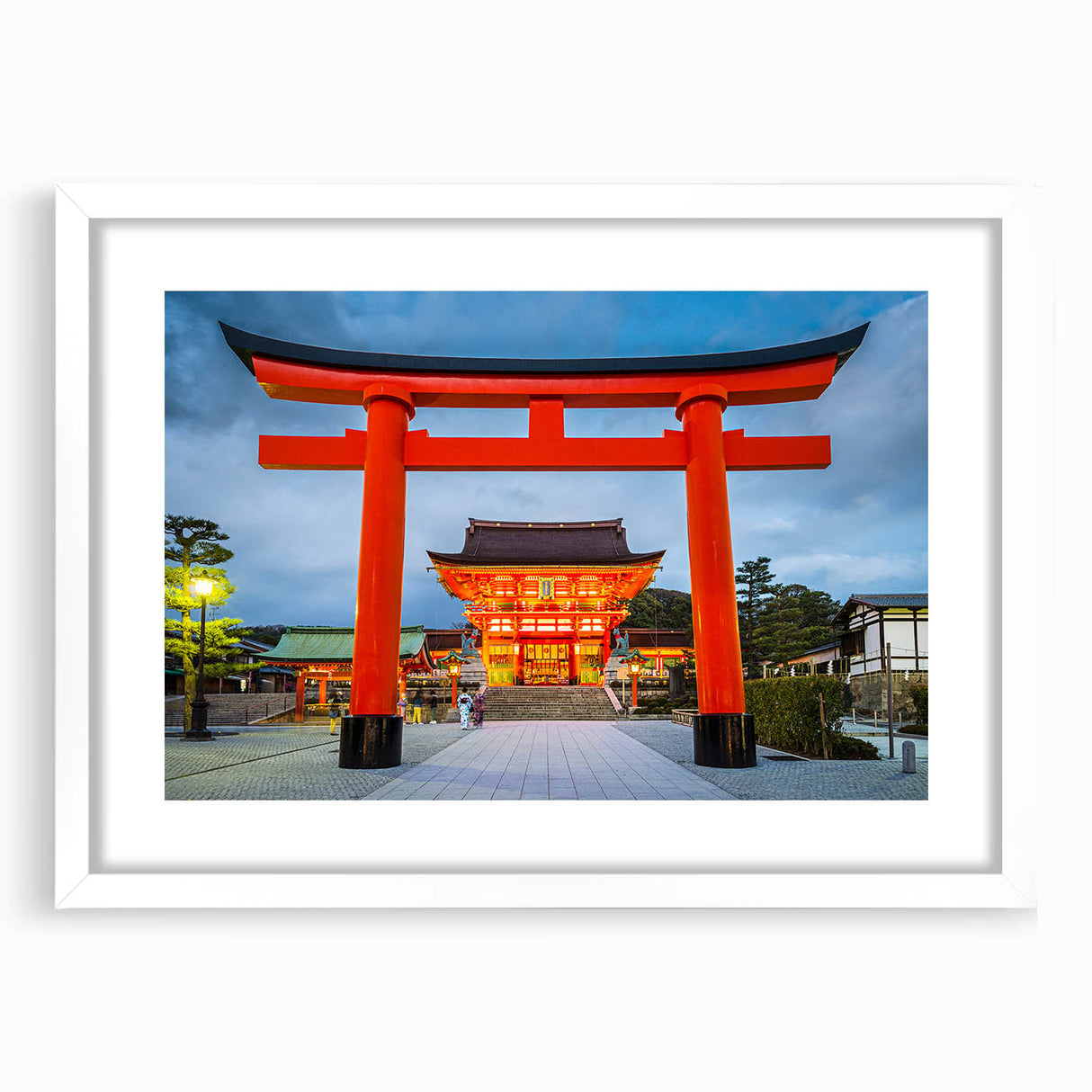 Abstract art print of a serene Kyoto landscape in soft pastel shades, framed with a white mat, ideal for dining room decor.