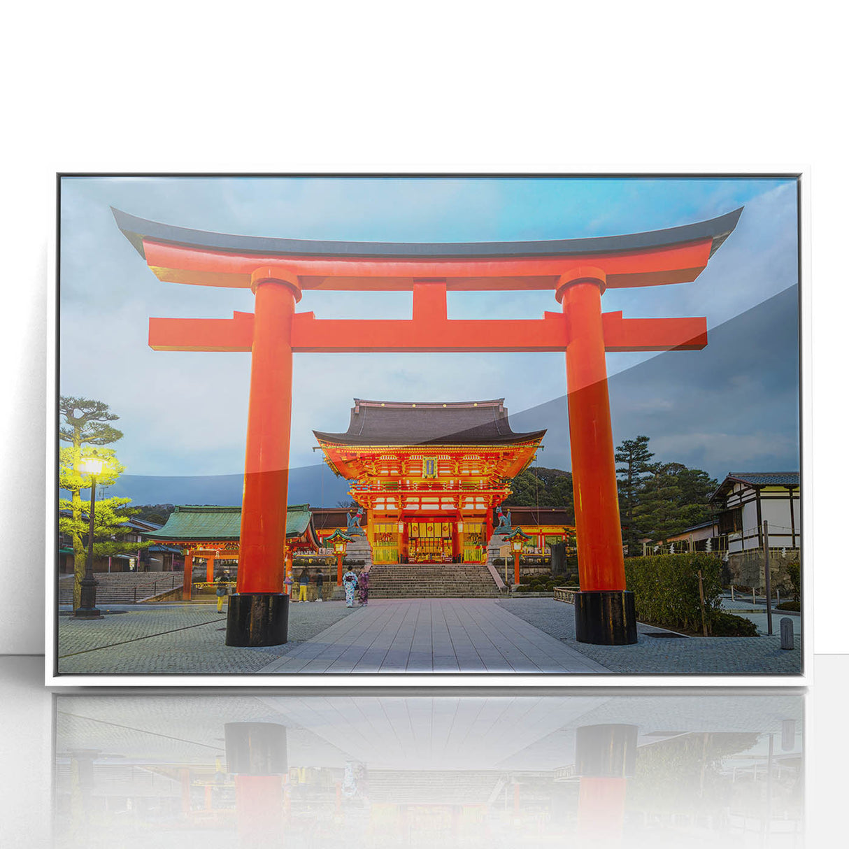 Art deco poster of Kyoto scenery in muted green and white tones, acrylic framed, ideal for modern art wall decor or nursery.