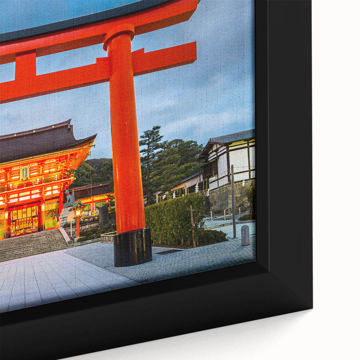 Extra large framed canvas featuring a textured, colorful depiction of Kyoto with prominent black elements.