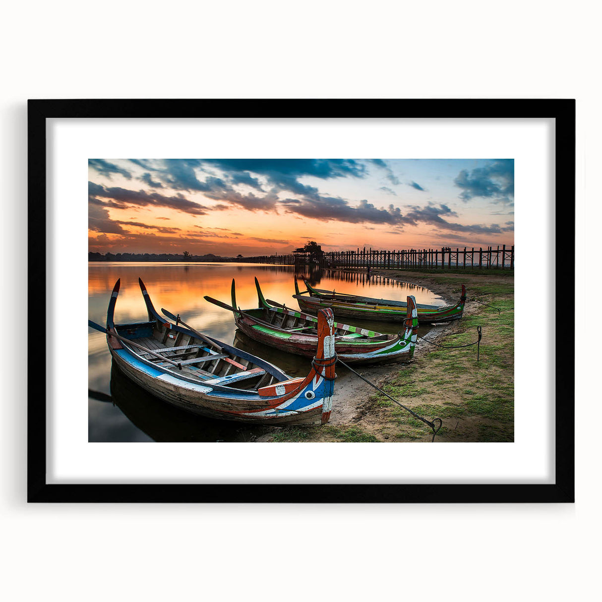 Extra large abstract art print of a colorful, textured Myanmar scenery on a framed black mat, ideal for living room decor.