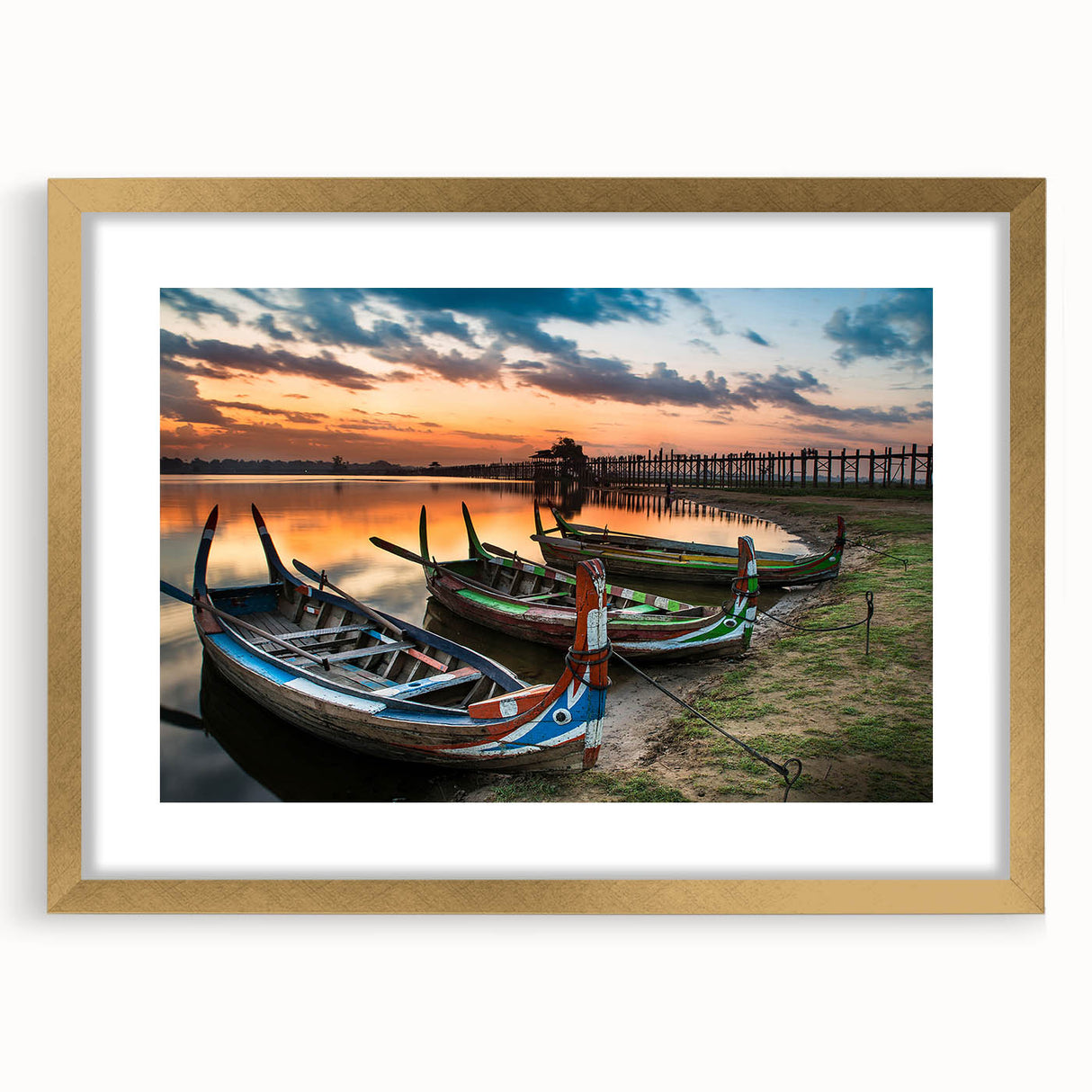 Extra large abstract art print of a textured Asian landscape in gold tones, framed with mat, ideal for living room decor.