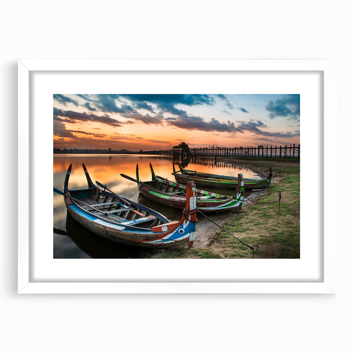 Abstract art print of a serene Myanmar landscape in muted earth tones on a framed canvas.