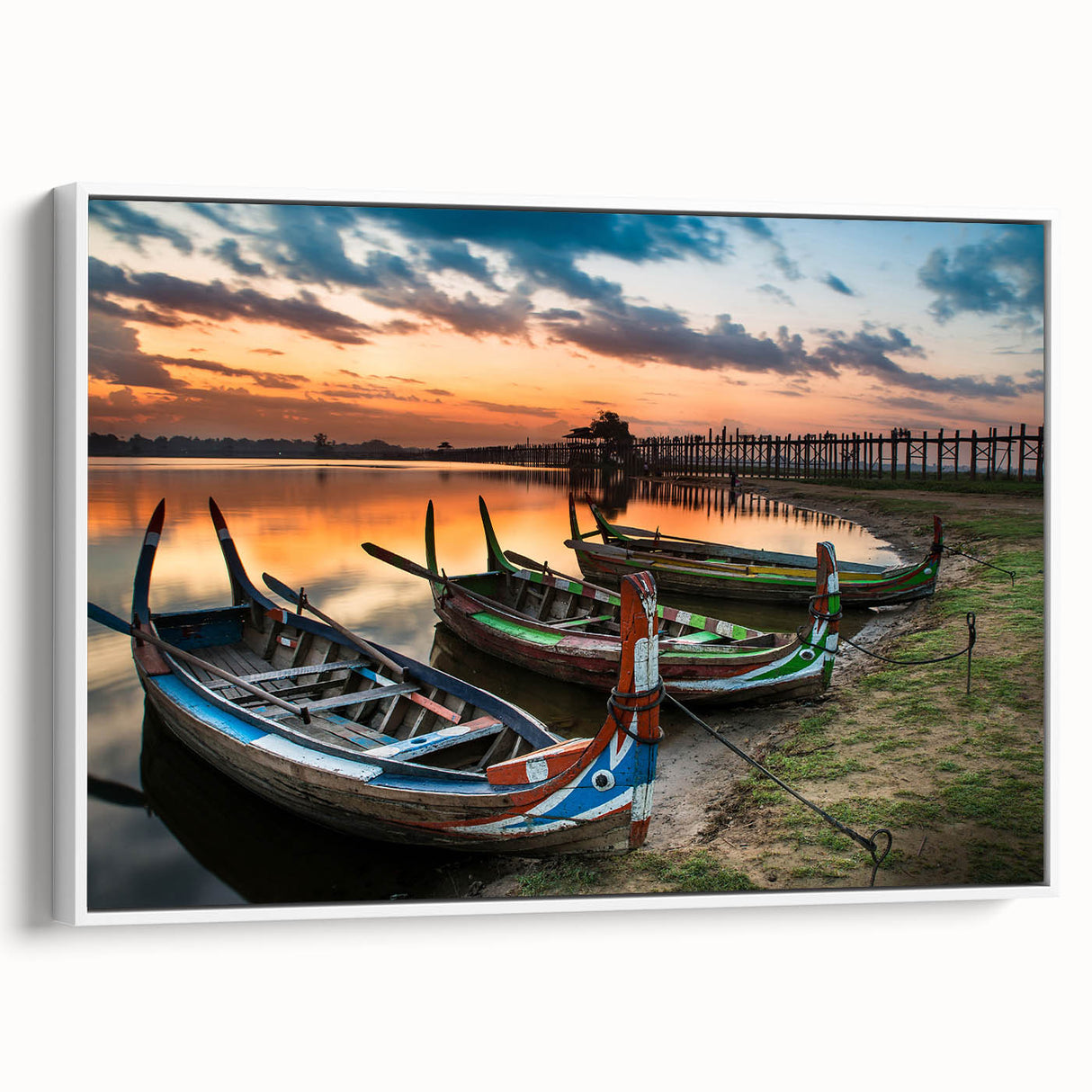 Vintage poster art of a Myanmar scenery on framed canvas, featuring vibrant colors, ideal for living room decor.