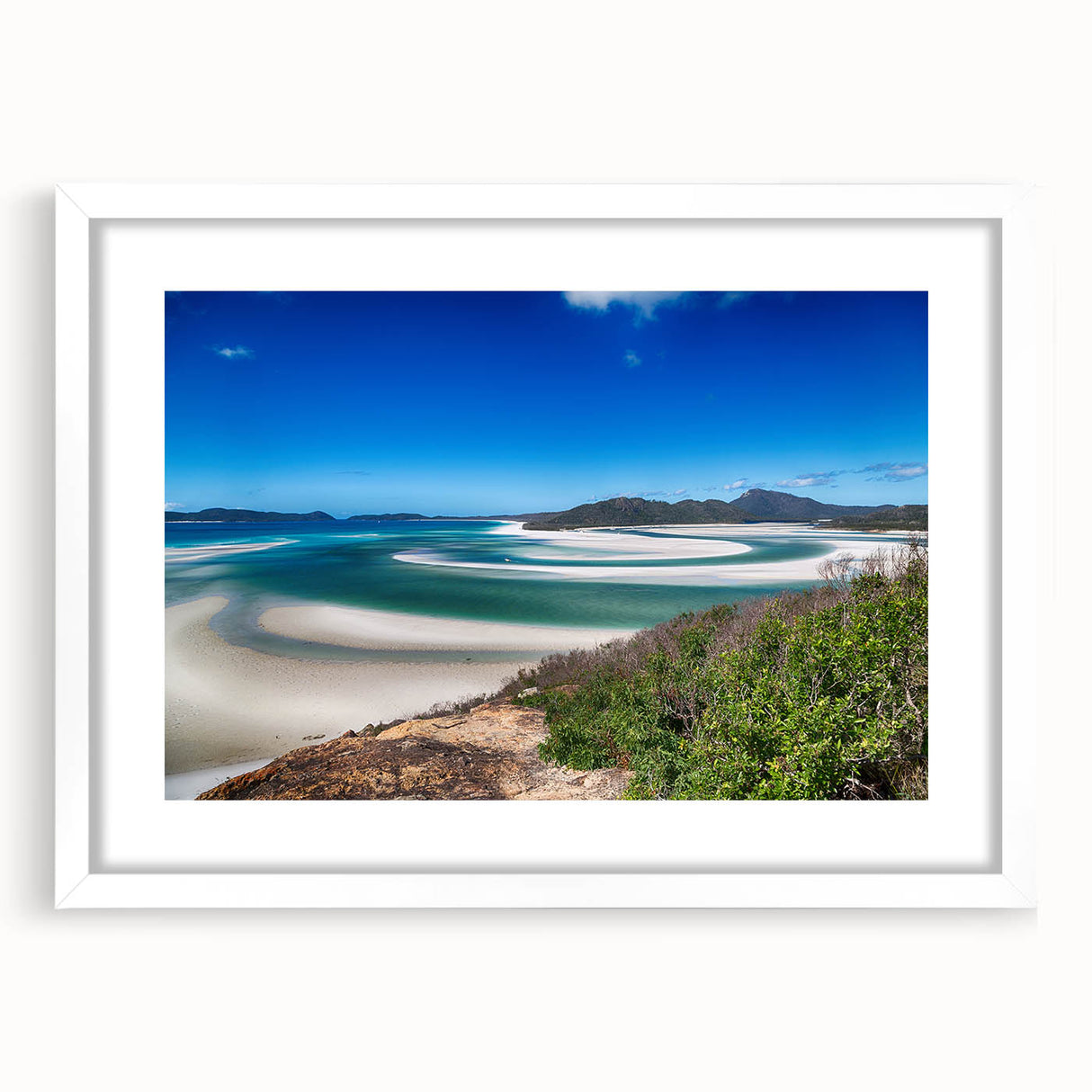 Extra large abstract art print of Queensland scenery in muted earth tones on a textured canvas, framed in white.