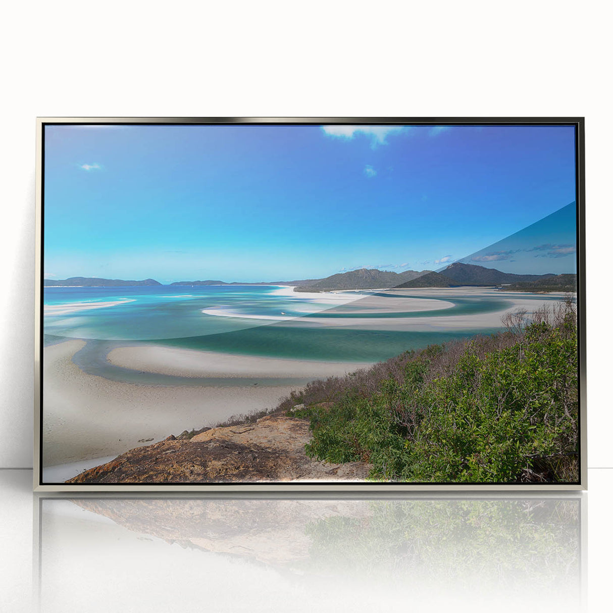 Art deco poster of Queensland scenery in silver frame, acrylic print, suitable for modern nursery wall art.