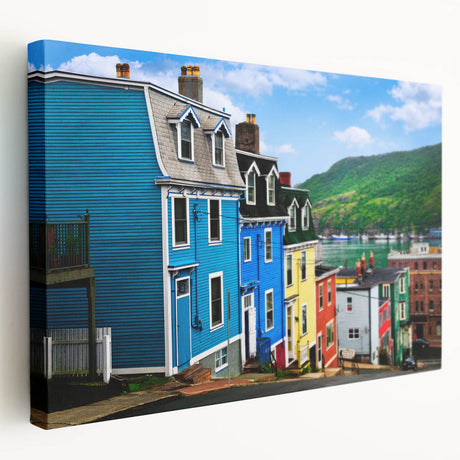 Scenic Newfoundland landscape on a large stretched canvas, with muted green and blue tones, ideal for kitchen wall art.