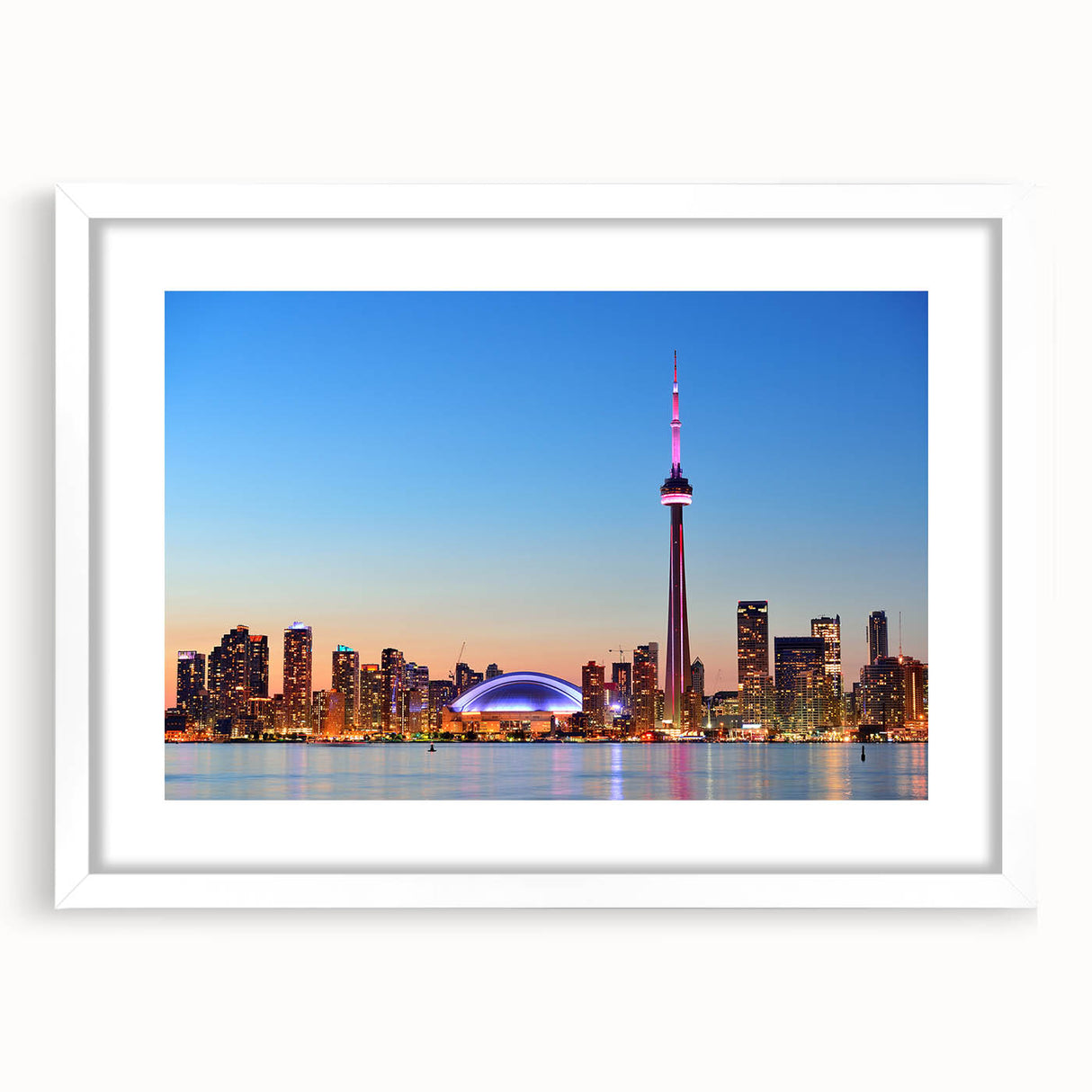 Abstract art print of a serene Ontario landscape in muted green and blue tones, framed with a white mat.