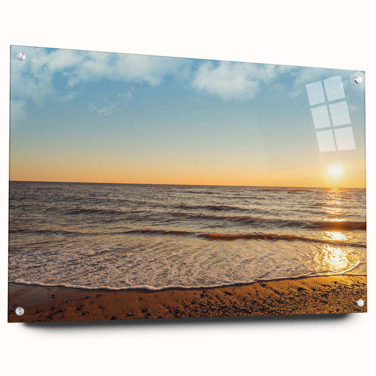 Acrylic print of Prince Edward Island scenery in muted blues and greens, ideal for dining room decor.