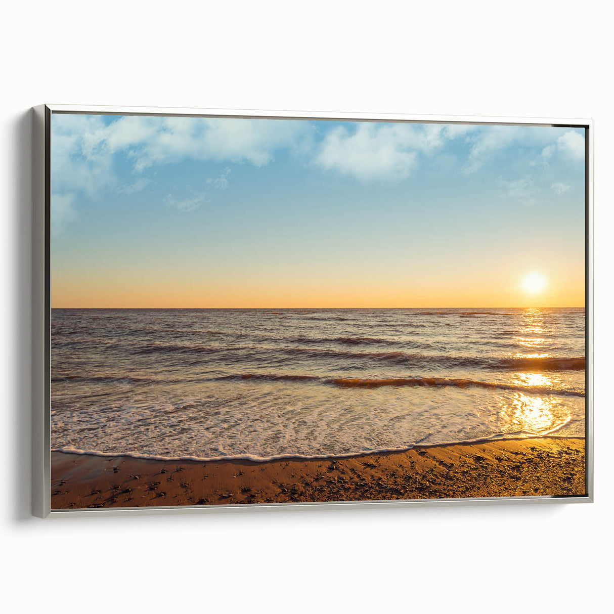 Framed canvas landscape art painting of Prince Edward, Canada, featuring vibrant autumn hues and silver frame.