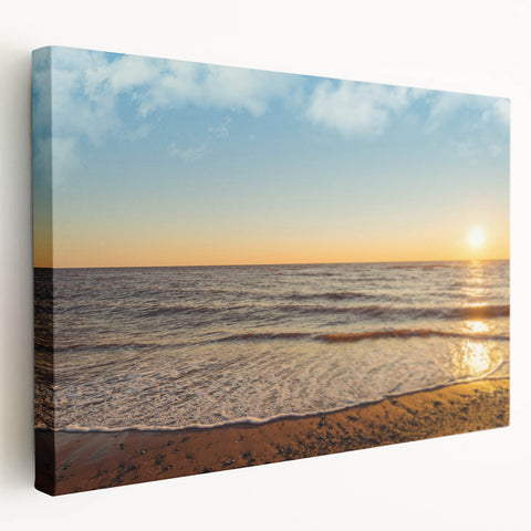 Side view of a stretched canvas featuring a Prince Edward Island scenery in muted earth tones, suitable for kitchen wall art.