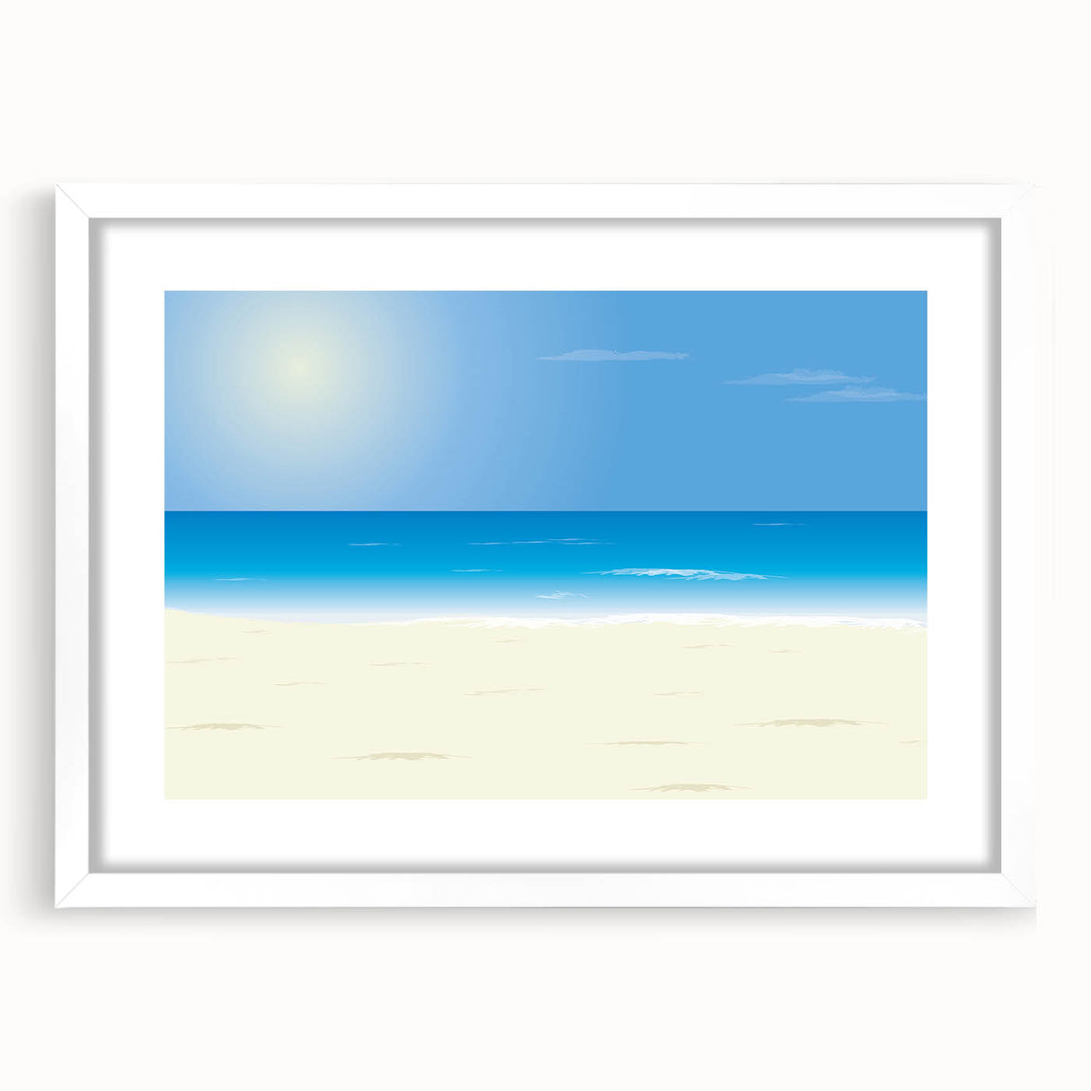 Abstract art print of Acapulco scenery in vibrant blue and green hues, framed with a white mat, ideal for dining room decor.