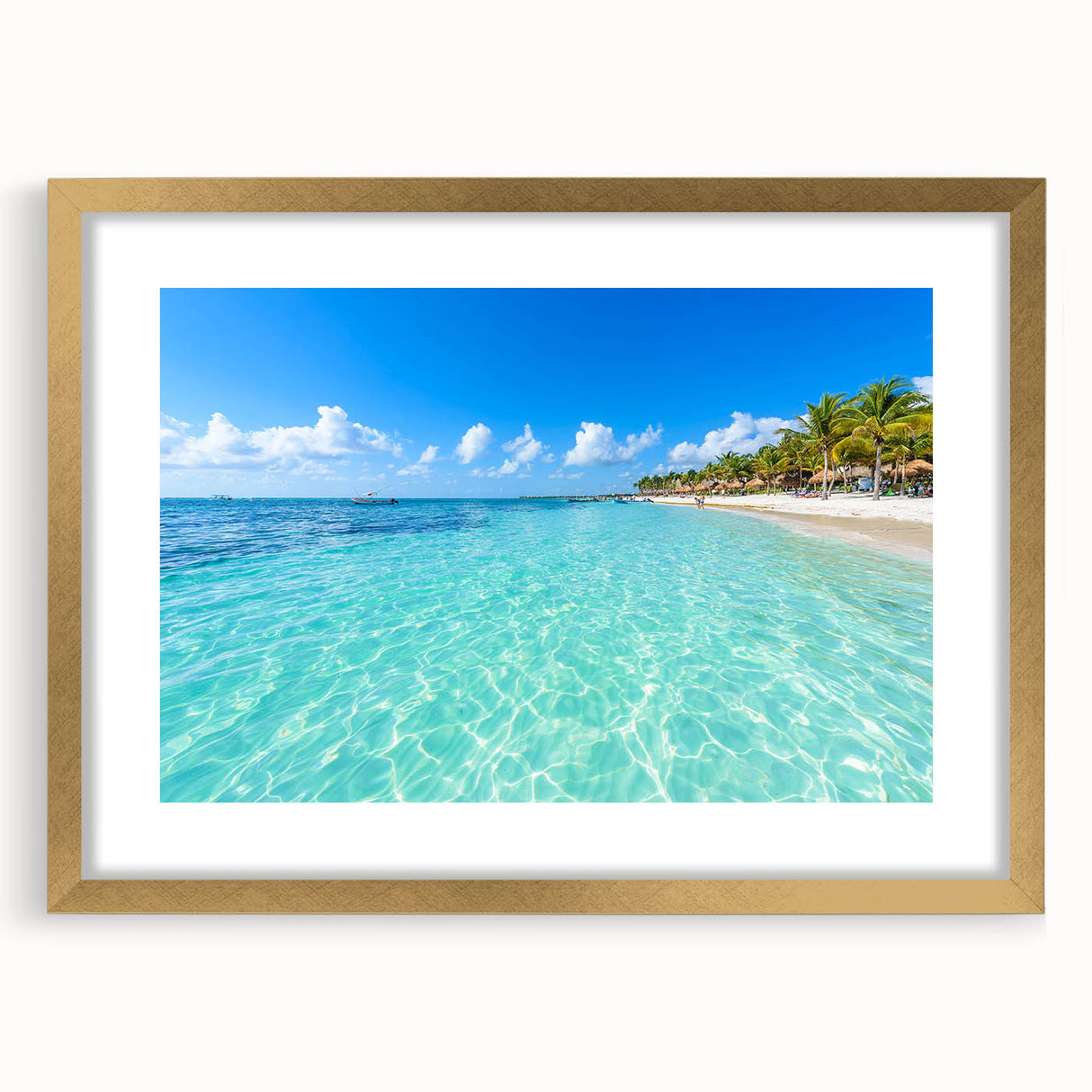 Extra large abstract art print of Quintana Roo scenery in a gold frame, featuring textured blue and green hues.